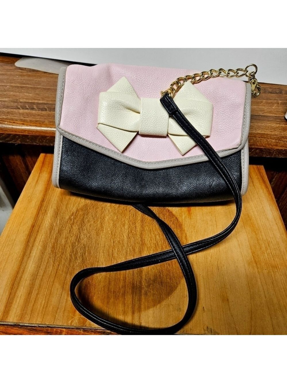 Betsey Johnson Pink/Black with Bow Clutch Shoulder Bag